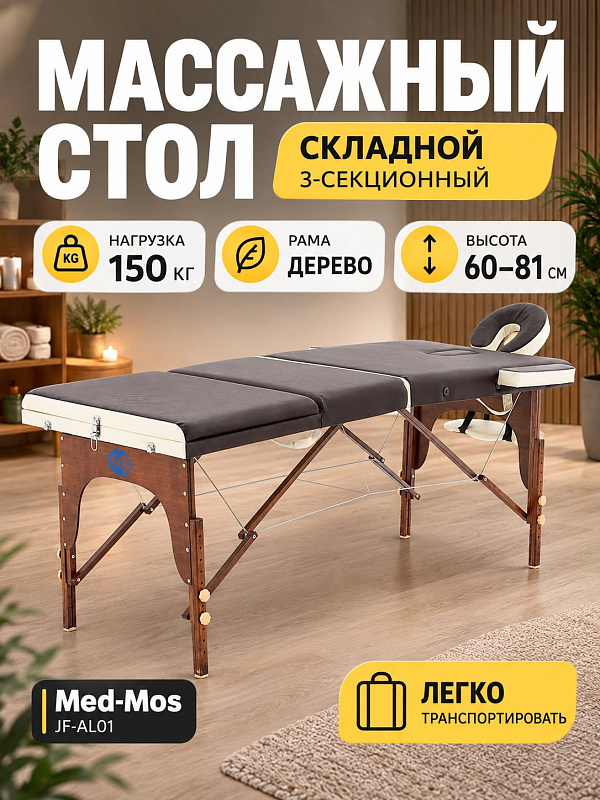 Переносной массажный стол JF-AY01 PW3.20.13A-00 на раме из бука для массажа и косметологии: 3 секции, двухцветная обивка винил-люкс, высота 62–87 см, статическая нагрузка 600 кг, с сумкой и подушкой