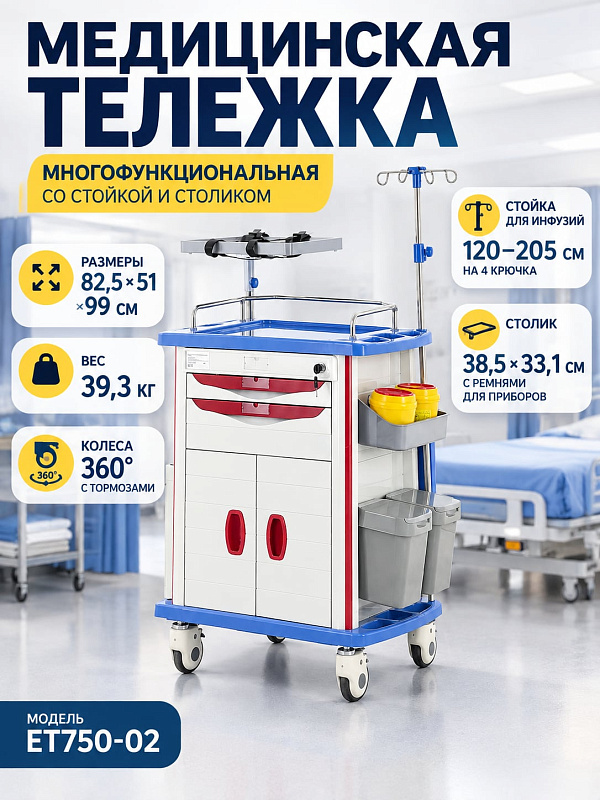Медицинская реанимационная тележка ЕТ750-02 для отделений интенсивной терапии с поворотной полкой для дефибриллятора, телескопической стойкой, выдвижным столиком, 2 ящиками и блоком электропитания