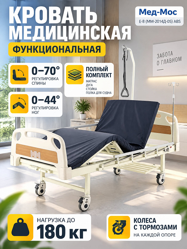 Четырехсекционная медицинская кровать MED-MOS E-8 с винтовым приводом, стальным ложем 195.5х89.5 см на 180 кг, спинками ABS, матрасом, боковыми ограждениями и дугой для ухода за лежачими больными