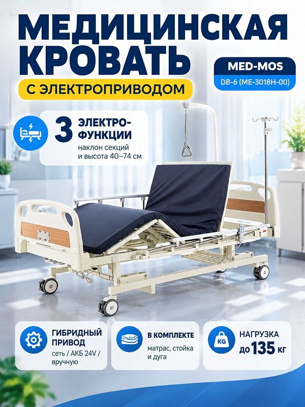 Медицинская функциональная кровать MED-MOS DB-6 с гибридным приводом для ухода за лежачими больными: 4-секционное стальное ложе с нагрузкой до 250 кг, регулировка высоты 31–76 см и секционный матрас