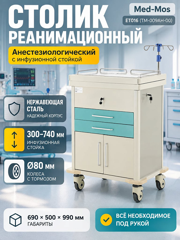 Медицинская тележка для экстренной помощи и реанимации Med-Mos ЕТ016 ТМ-009АН-00 с раздвижной столешницей, двумя ящиками, инфузионной стойкой и навесными емкостями